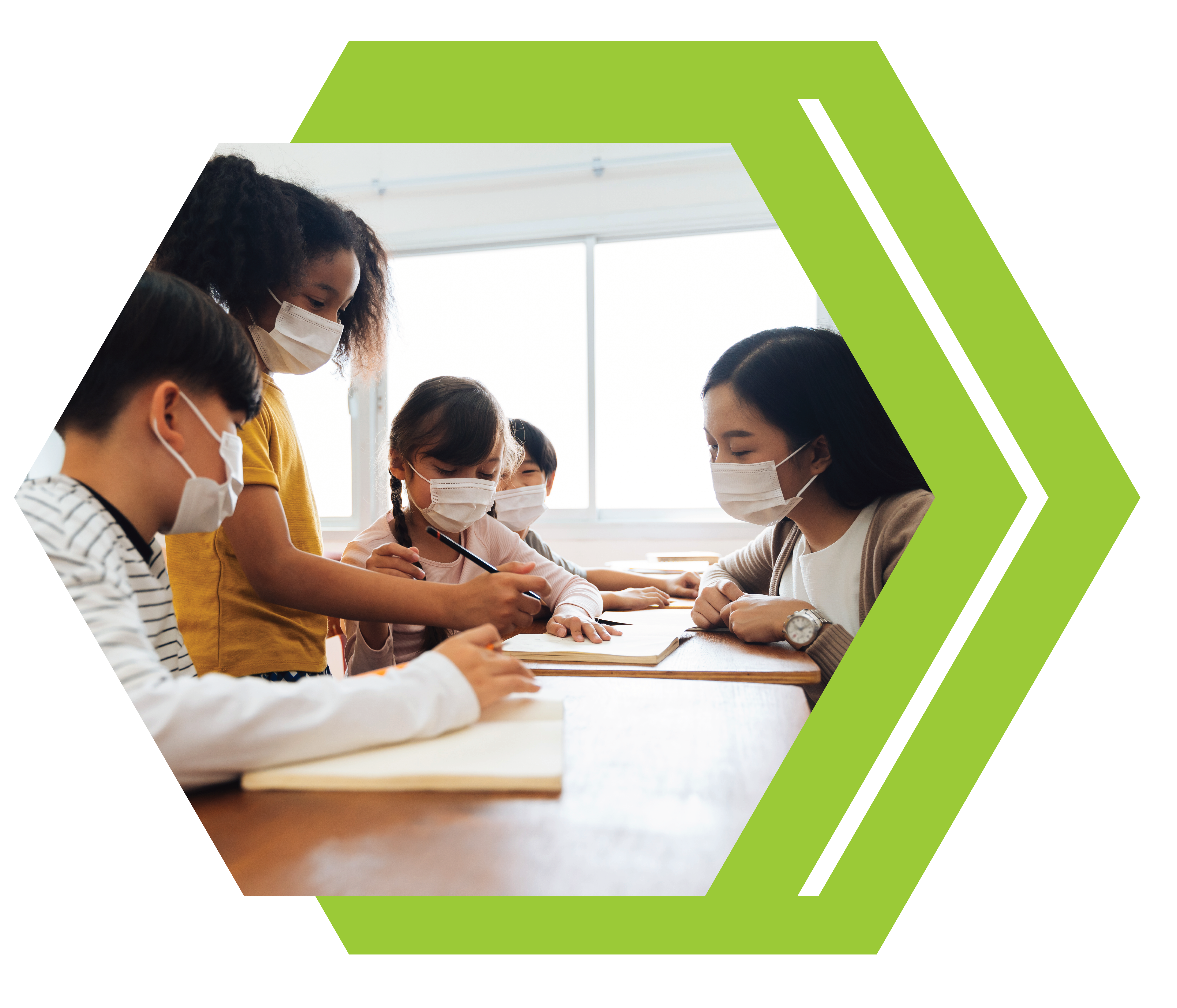 teacher working with students with masks on